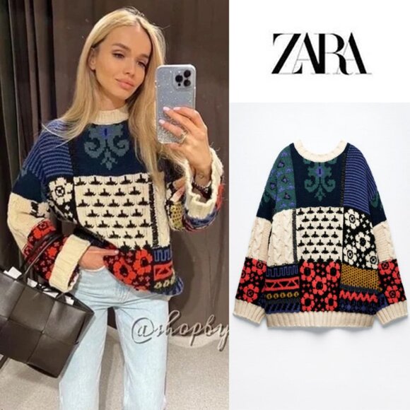 NEW Zara Patchwork Wool Blend Beaded Applique Oversize Limited Edition Sweater M - Picture 10 of 13